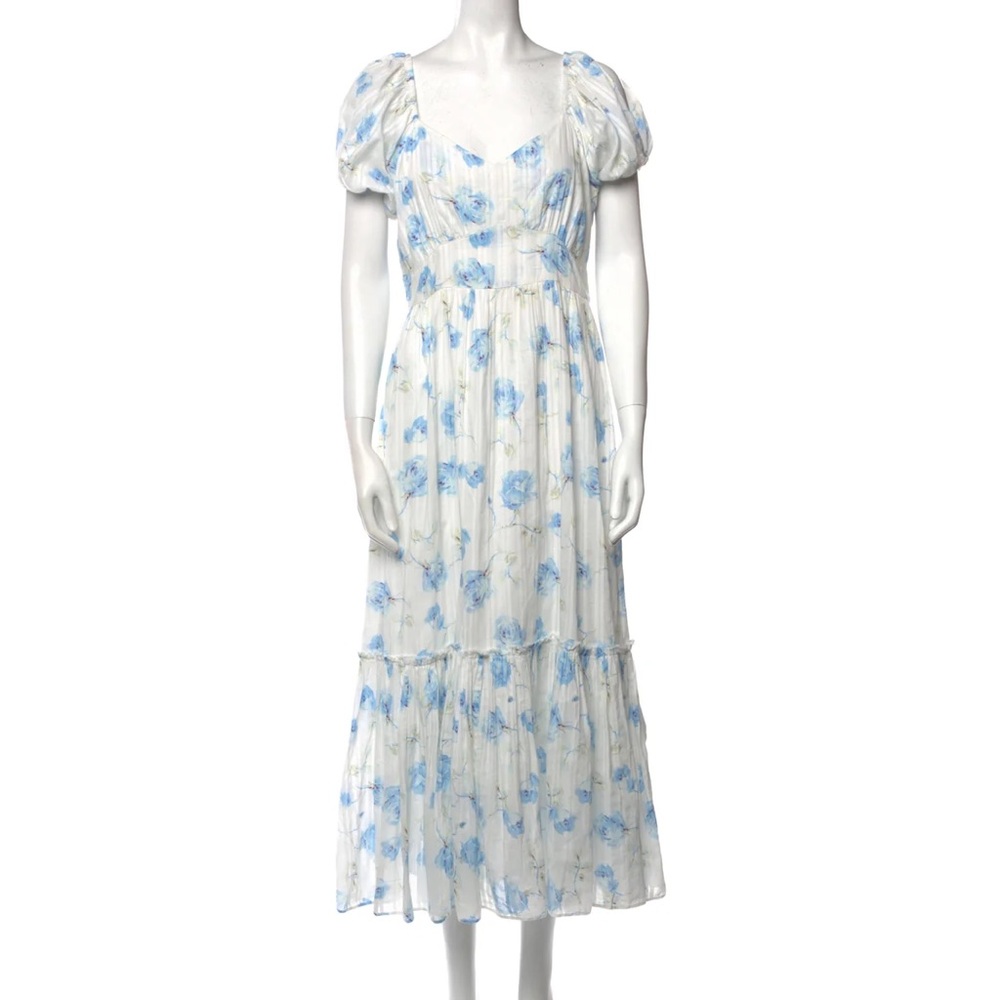 Loveshack fancy blue and white maxi dress with slit cap sleeve detail